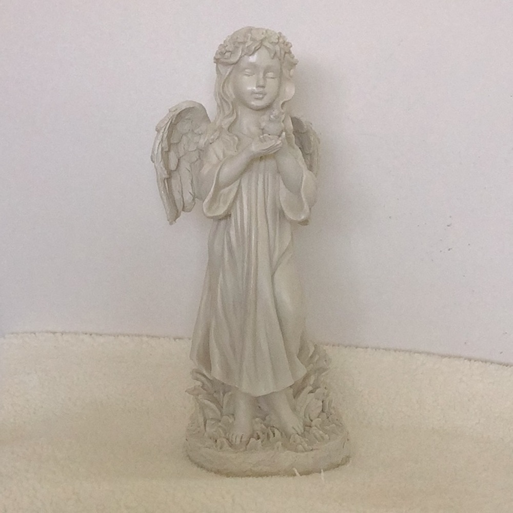 Elegant 12" Cream Angel Resin Figurine Holding Bird